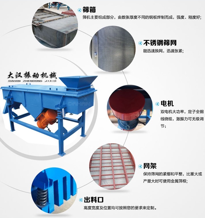 525型直線振動篩結(jié)構(gòu)細節(jié)：篩箱：篩機主要組成部分，由數(shù)張厚度不同的鋼板焊制而成，強度，剛度好。不銹鋼篩網(wǎng)：能速換網(wǎng)，迅速張緊。電機：雙電機大功率，定子全銅線繞組，激振力可無級調(diào)節(jié)。網(wǎng)架：保持篩網(wǎng)的緊繃和平整，比重大或產(chǎn)量大時可使用金屬篩框。出料口：高度寬度及位置均可按照您的要求定制。