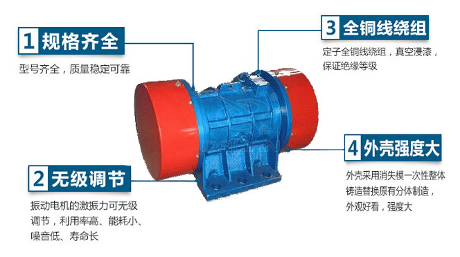 VB振動(dòng)電機(jī)特點(diǎn)：1，規(guī)格齊全：型號(hào)齊全，質(zhì)量穩(wěn)定可靠。2，無(wú)極調(diào)節(jié)：振動(dòng)電機(jī)的激振力可無(wú)極調(diào)節(jié)，利用率高，能耗小，噪音低，壽命長(zhǎng)。4，外殼輕度大：外殼采用消失模一次性整體鑄造替換原有分體制造，外觀好看，強(qiáng)度大。