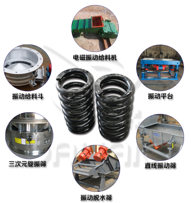 旋振篩減震彈簧適用產(chǎn)品：振動給料機(jī)，電磁振動給料機(jī)，振動平臺，直線振動篩，振動脫水篩，三次元旋振篩。