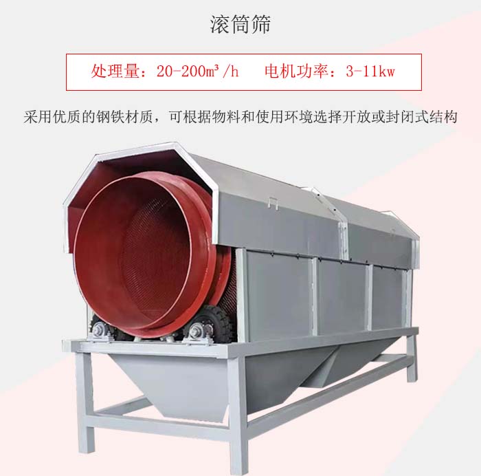 滾筒篩采用優(yōu)質的鋼鐵材質，可根據(jù)物料和使用環(huán)境選擇開放或封閉式結構