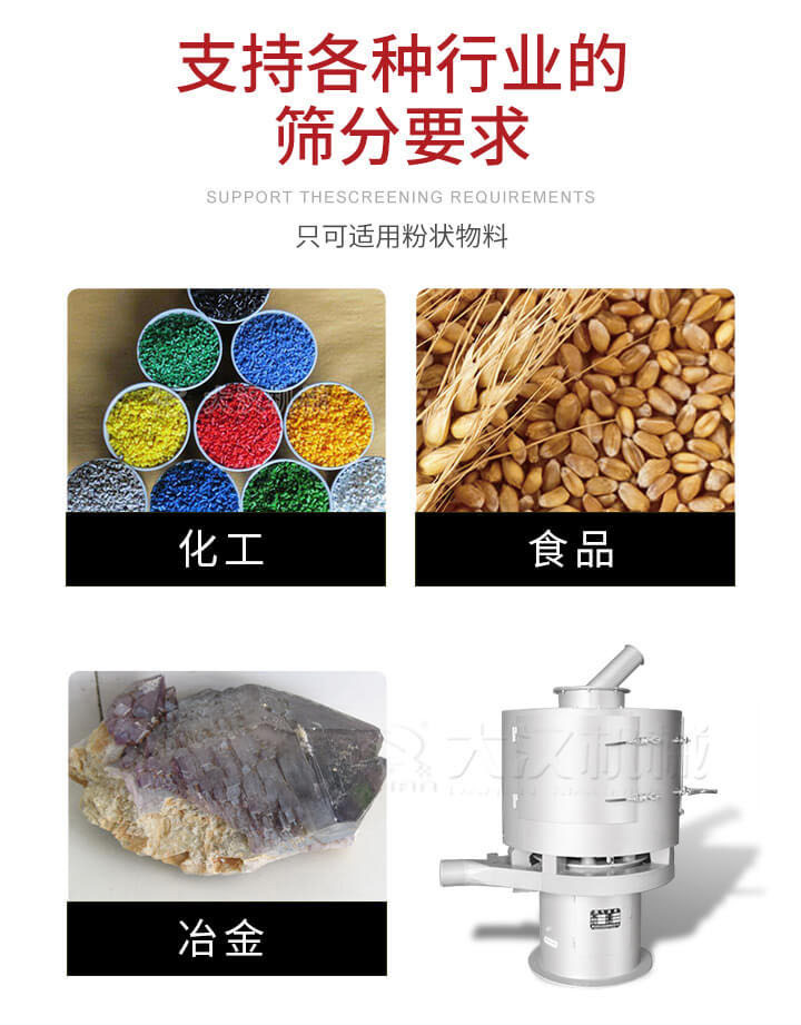 氣流篩用于礦粉，石墨粉，活性納米碳酸鈣，鋁灰，大豆粉，碳酸重鈣，石墨粉，木粉，干草，重金石粉，藥粉末，橡膠顆粒，草酸鹽，干料粉，木粉，聚酯粉，干粉，塑料，金屬粉末，橡膠粉，粉煤灰，石墨粉，陶瓷粉，鋅粉，石英粉，石灰粉，鐵粉，金屬硅粉等。