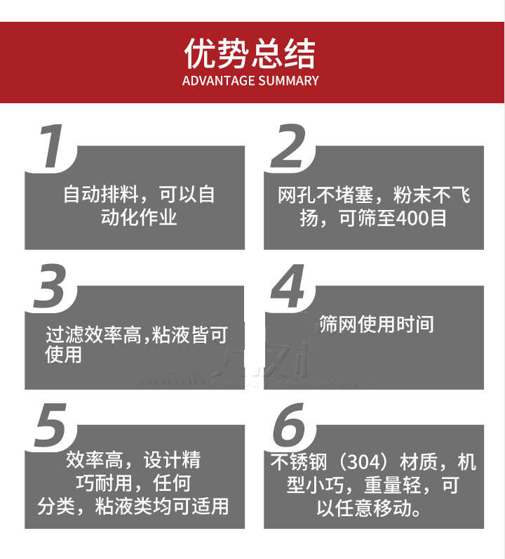 過濾篩優(yōu)勢總結(jié)：1，自動排料，可以自動化作用。2，網(wǎng)孔不堵塞，粉塵不飛揚，可篩至400目。3，過濾效率高，任何粒，粉，粘液也可使用。4，篩網(wǎng)設計大大提高了篩網(wǎng)使用時間，也魏換網(wǎng)提高了方便。5，效率高，設計精巧耐用，任何分類設計精巧耐用，任何分類，粘液類均可適用。6，不銹鋼材質(zhì)機型小巧，重量輕，可以任意移動。