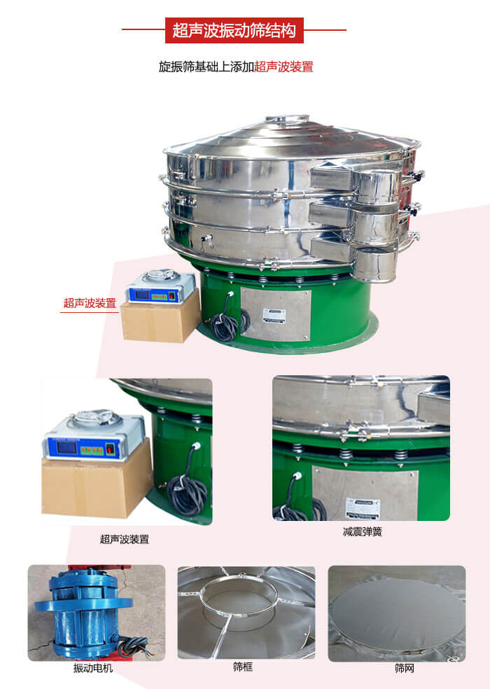 圓篩機(jī)內(nèi)部結(jié)構(gòu)：主要由振動(dòng)電機(jī)、篩框、篩網(wǎng)、超聲波系統(tǒng)、減震彈簧等展示圖