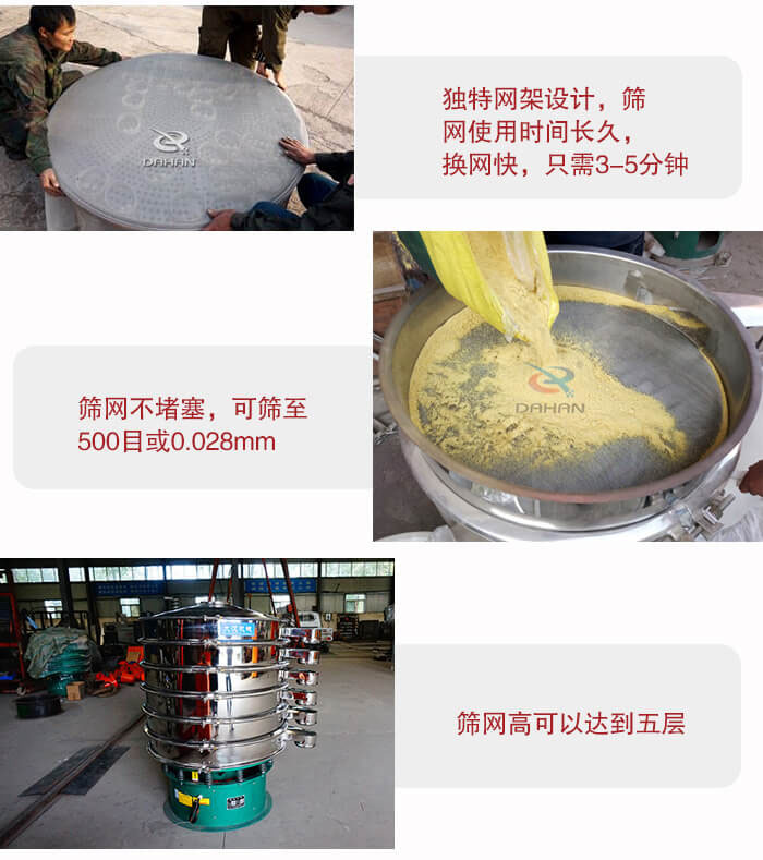 三次元振動(dòng)篩的特點(diǎn)：篩網(wǎng)使用時(shí)間長換讓時(shí)間短，篩網(wǎng)不堵塞，可篩至500目或0.028mm。