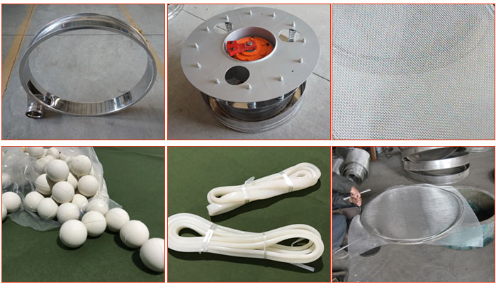 800型全不銹鋼振動篩配件有：振動篩篩框，電機(jī)，不銹鋼篩網(wǎng)等。
