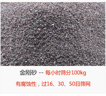 篩分金剛砂每小時100kg，有腐蝕性，過16、30、50目篩網(wǎng)