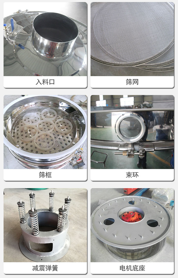 醫(yī)藥振動(dòng)篩有電機(jī)底座，減震彈簧，束環(huán)，篩框，入料口，篩網(wǎng)等部件展示。