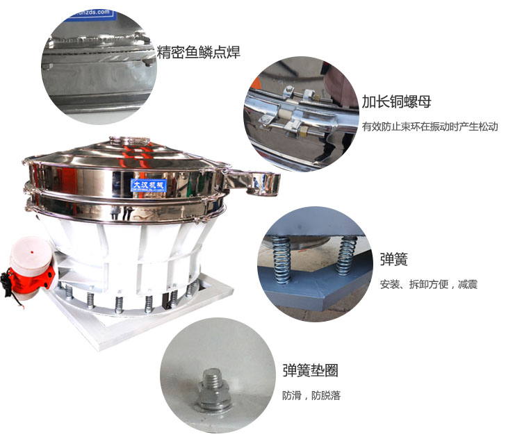 1500直排篩細節(jié)展示：彈簧，彈簧墊圈，加長銅螺母。