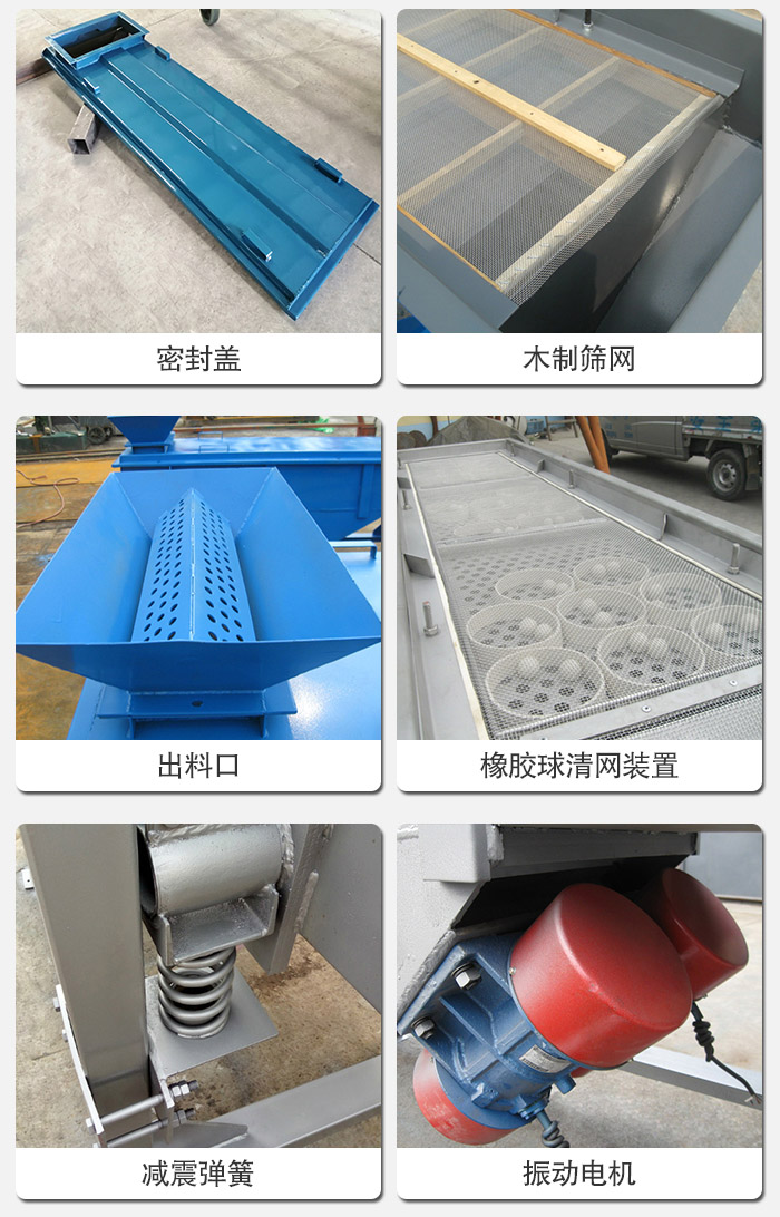 直線篩分機(jī)的結(jié)構(gòu)展示圖：篩箱是物料主要篩分設(shè)備之一，篩網(wǎng)用于篩分物料，振動電機(jī)幫助篩網(wǎng)篩分。