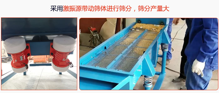 采用激振源帶動篩體進(jìn)行篩分，篩分產(chǎn)量大。