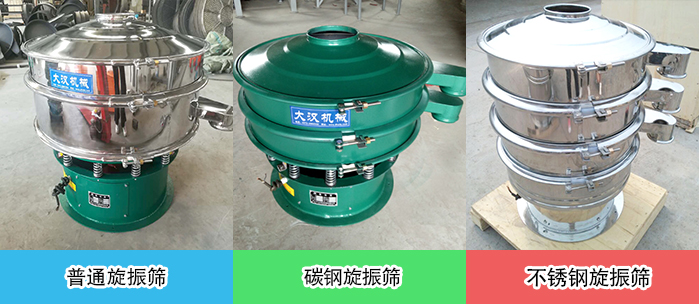 醫(yī)藥振動(dòng)篩常見(jiàn)材質(zhì)展示：碳鋼＋不銹鋼，不銹鋼，碳鋼等材質(zhì)展示