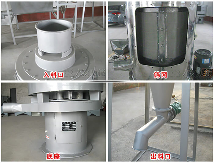 氣流篩部件展示：入料口，篩網(wǎng)，底座，出料口等。