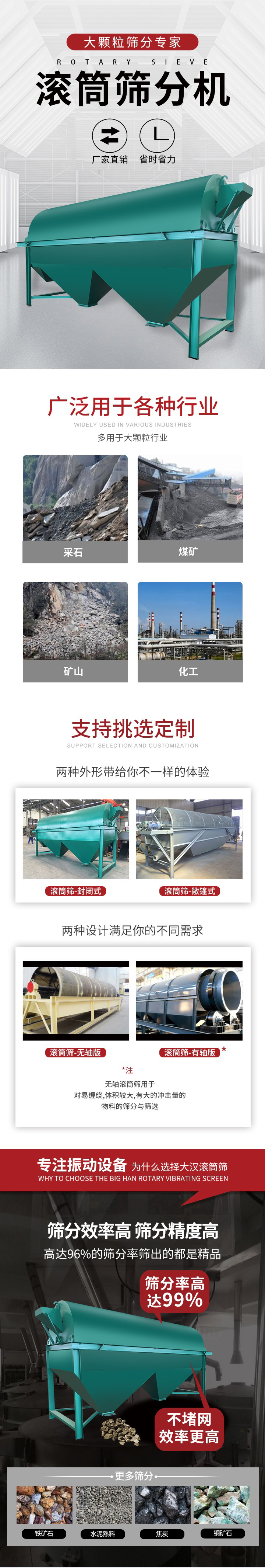 滾筒篩分機(jī)大顆粒篩分專家：廠家直銷，省時(shí)省力。滾筒篩被廣泛應(yīng)用各種行業(yè)：多用于大顆粒行業(yè)例如：采石，煤礦，礦山，化工等。滾筒篩定制類型有哪些：封閉式與敞篷式產(chǎn)品結(jié)構(gòu)分為：無(wú)軸式，有軸式兩種，無(wú)軸滾筒篩用于對(duì)纏繞，體積較大，有大的沖擊量的物料的篩分與篩選。滾筒篩篩分效率高篩分精度能夠達(dá)到：96%也比較適用于鐵礦石，水泥熟料，焦炭，銅礦石。滾筒篩特點(diǎn)：不飛粉末：密封隔離罩，密封性好，工作過(guò)程不會(huì)出現(xiàn)飛粉現(xiàn)象。外型尺寸是按筒體長(zhǎng)計(jì)