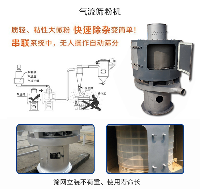 氣流篩粉機(jī)適用：質(zhì)輕，粘性大微粉采用串聯(lián)系統(tǒng)重，無人操作自動篩分 特點(diǎn)：篩網(wǎng)立裝不負(fù)重，使用壽命長。