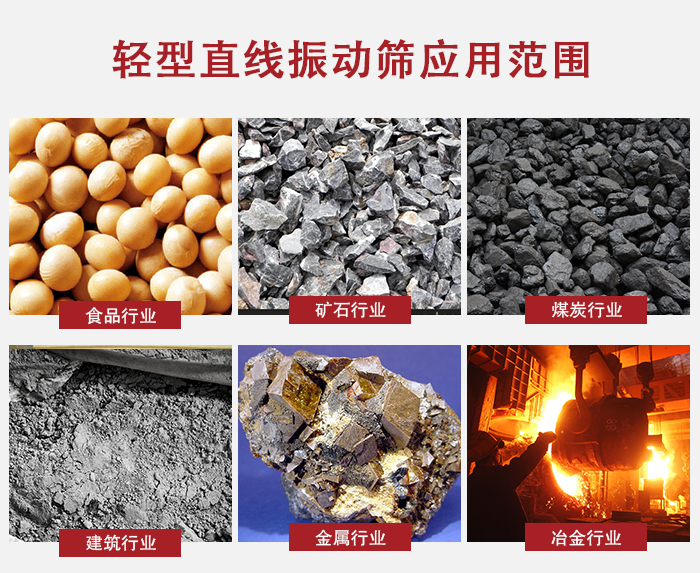 輕型直線振動篩應用范圍較廣多使用與顆粒狀，粉狀以及其它重型行業(yè)的輸送。