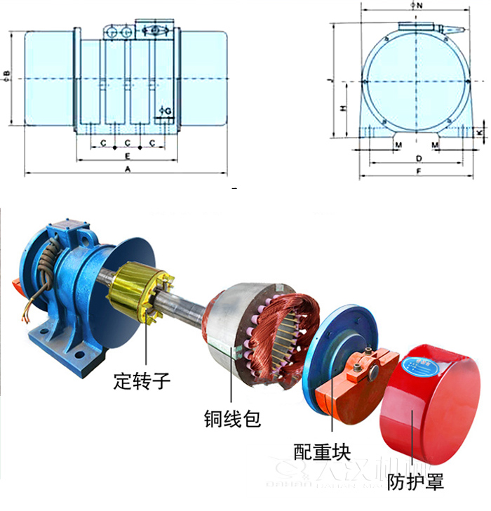 YZS振動電機(jī)內(nèi)部主要部件：定轉(zhuǎn)子，銅線包，配重塊，防護(hù)罩。