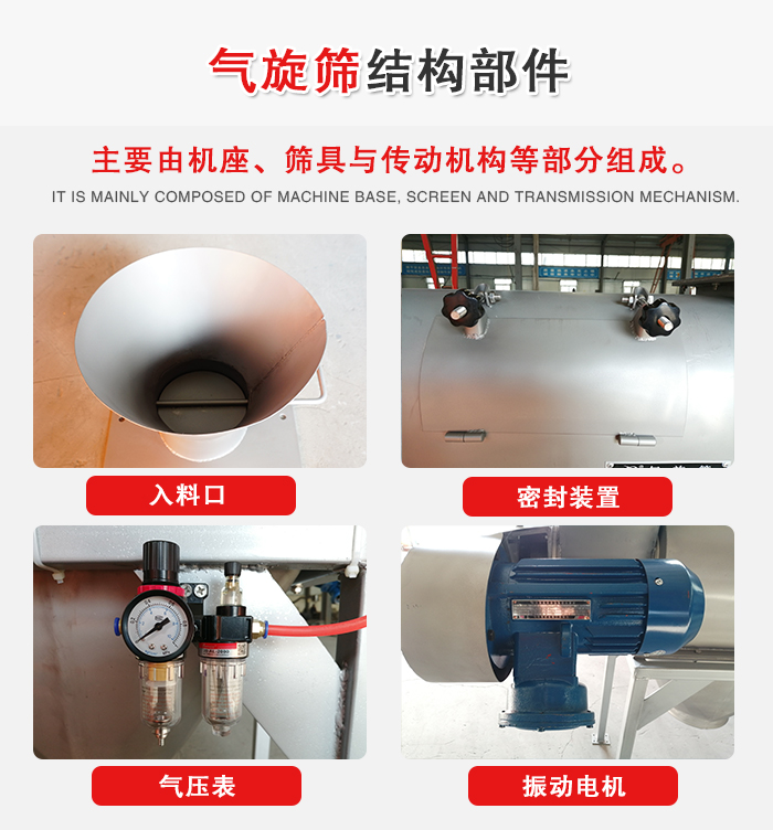 氣旋篩結(jié)構(gòu)：入料口，密封裝置，電機，氣壓表等