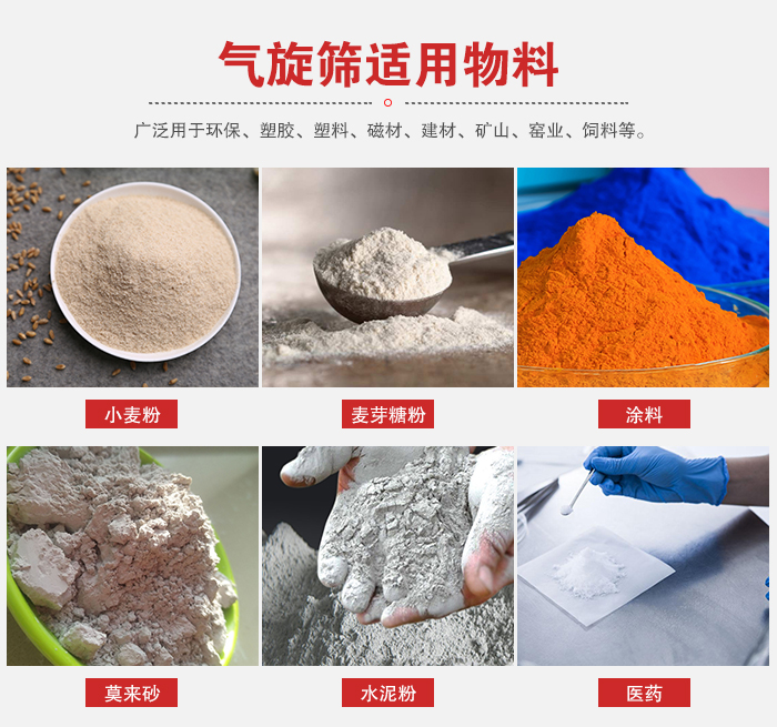 氣旋篩適用物料：小麥粉，麥芽糖粉，涂料，等粉狀物料。