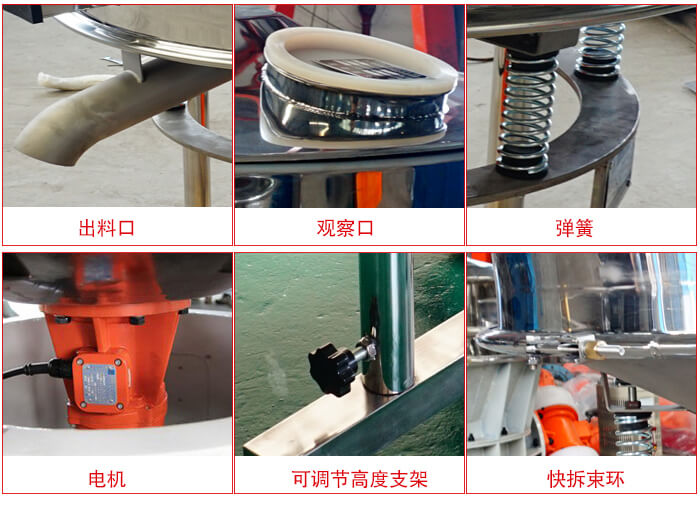 高頻篩細(xì)節(jié)展示：出料口，觀察口，彈簧，電機(jī)，可調(diào)節(jié)高度支架，快拆束環(huán)。